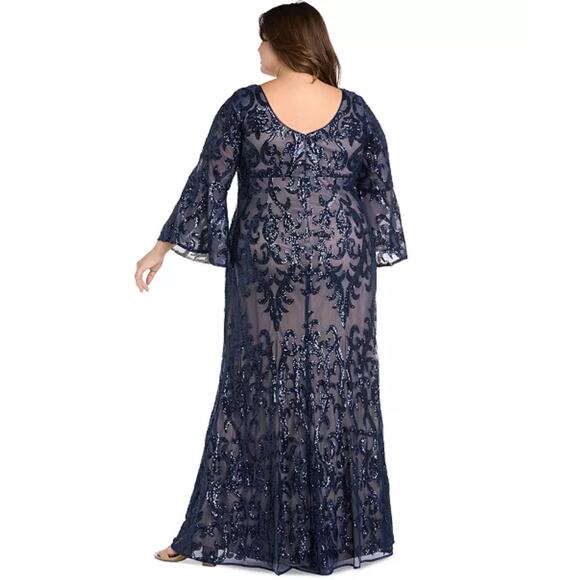 NWT R&M Richards Blue Sequin Embellished Bell-Sleeve Gown Womens Plus Size 20W - Picture 2 of 15